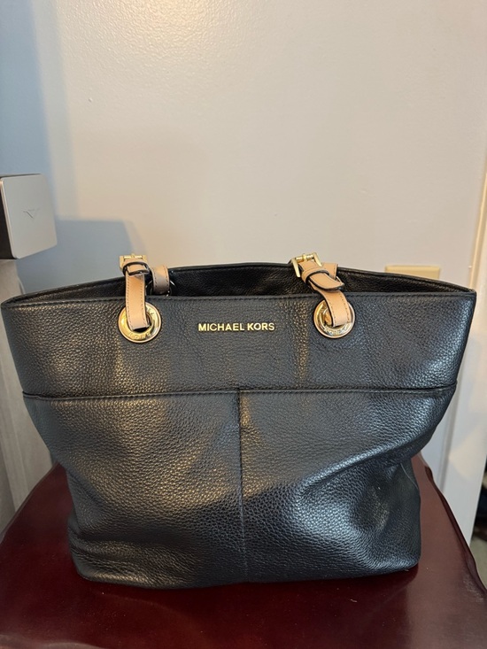 Michael Kors Handbags - Michael Kors Black Leather Tote with Tan Handles and Gold Hardware